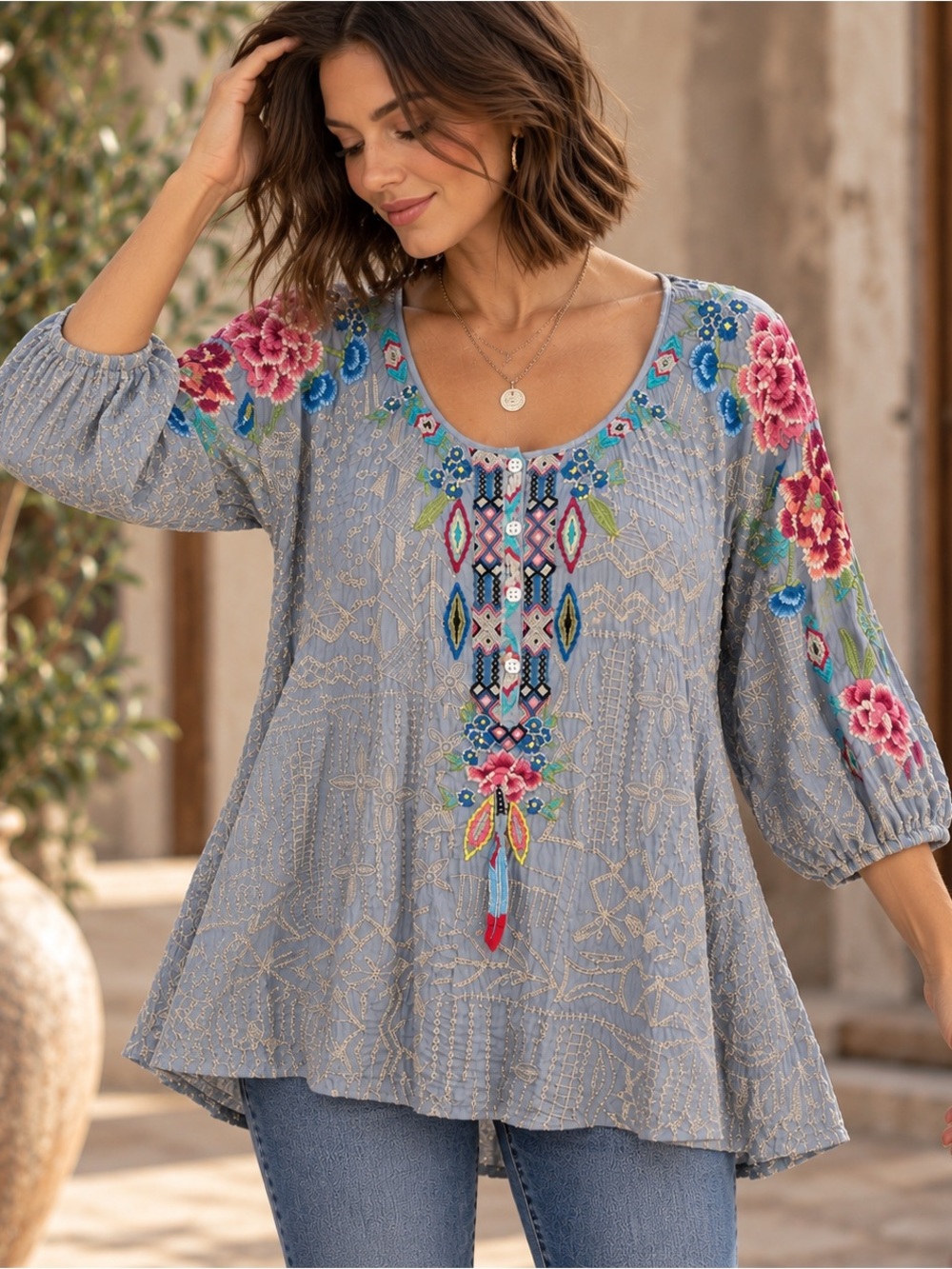 Johnny Was Trista Embroidered Cupra Rayon Boho A-Line Tunic Gray Top L